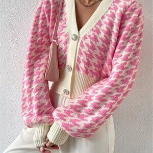 Houndstooth V-Neck Button Up Cardigan